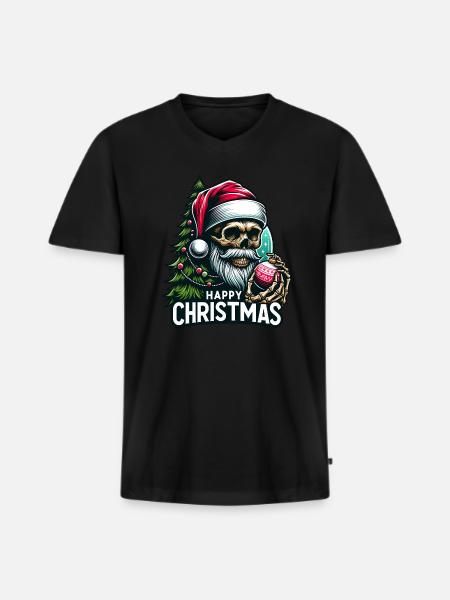 Weihnachtsmann Skull mit Christbaumkugel - Männer Premium Bio T-Shirt mit V-Ausschnitt - Schwarz
