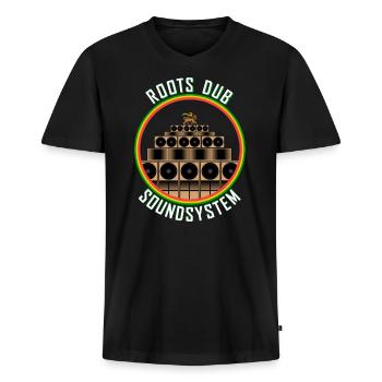 Système audio Roots Dub - T-shirt encolure en V Premium bio Homme - noir - Devant - Nico (187cm)