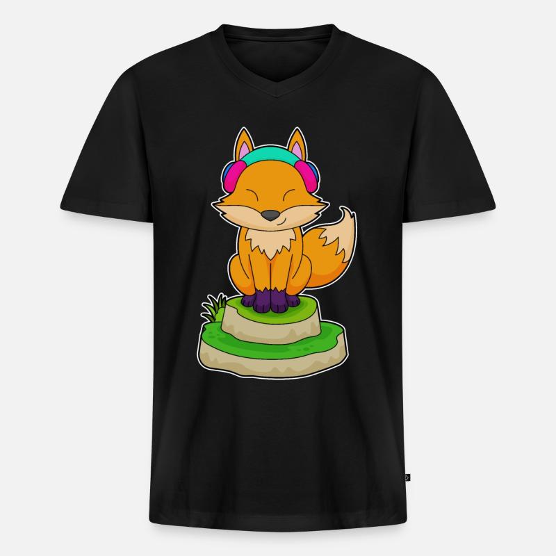 Fuchs Kopfhörer Musik - Männer Premium Bio T-Shirt mit V-Ausschnitt - Schwarz