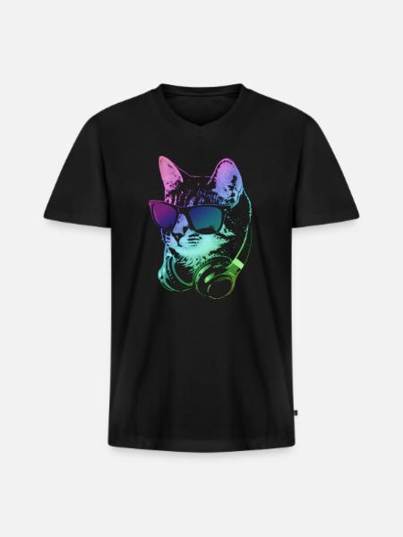 DJ Cat In Neon Lights - Men's Premium Organic T-shirt with V-neck - black