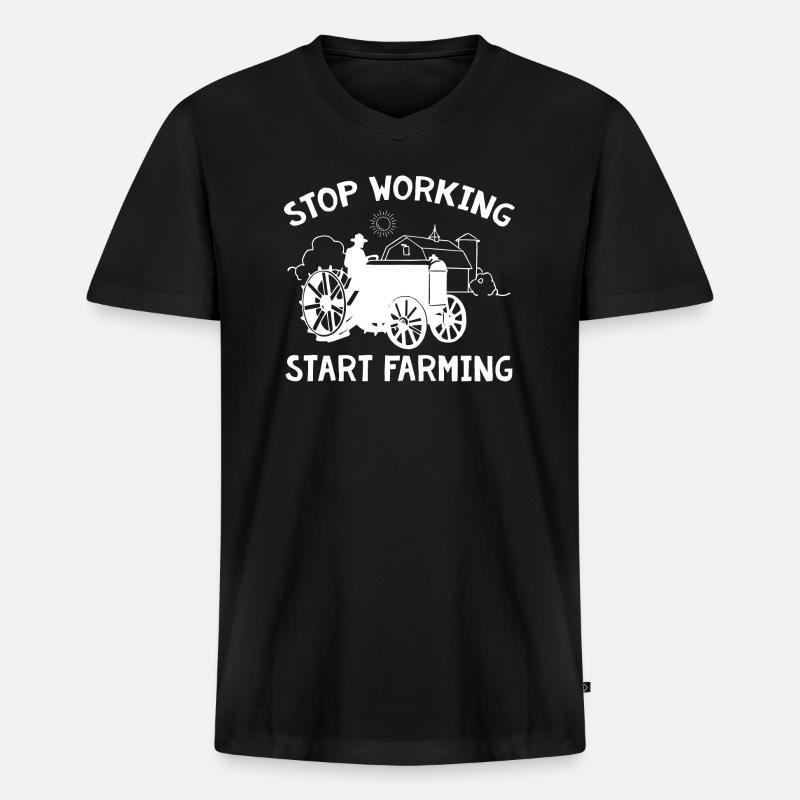 Stop Working Start Farming - Männer Premium Bio T-Shirt mit V-Ausschnitt - Schwarz