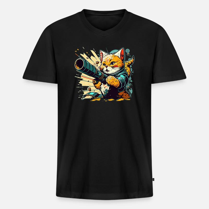 Katze und Bazooka - Männer Premium Bio T-Shirt mit V-Ausschnitt - Schwarz