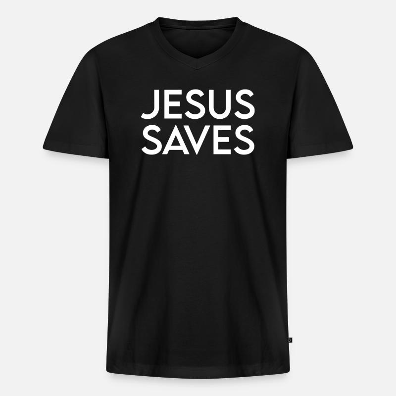 JESUS SAVES - Männer Premium Bio T-Shirt mit V-Ausschnitt - Schwarz