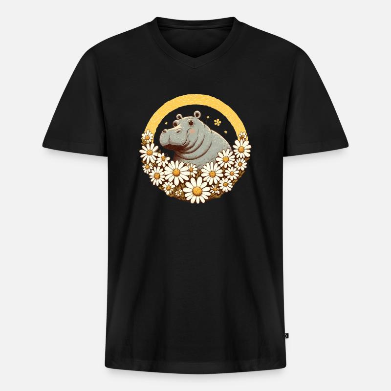 Nilpferd Gänseblümchen - Männer Premium Bio T-Shirt mit V-Ausschnitt - Schwarz