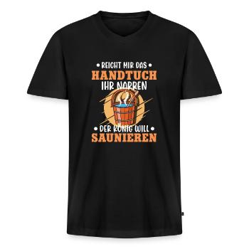 Sauna Schwitz Aufguss Saunakilt Bademantel - Männer Premium Bio T-Shirt mit V-Ausschnitt - Schwarz - Vorne - Nico (187cm)