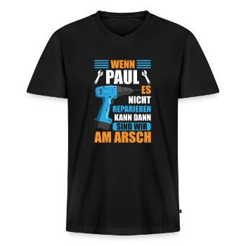 Paul Vorname Name Geburtstag Reparieren - Männer Premium Bio T-Shirt mit V-Ausschnitt - Schwarz - Vorne - Nico (187cm)