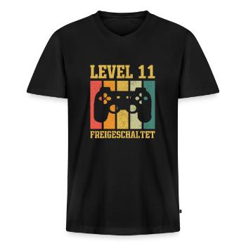 Level 11 freigeschaltet - Männer Premium Bio T-Shirt mit V-Ausschnitt - Schwarz - Vorne - Nico (187cm)