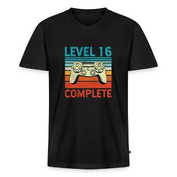 Level 16 Complete - Männer Premium Bio T-Shirt mit V-Ausschnitt - Schwarz - Vorne - Nico (187cm)