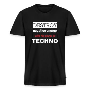 Vernietig negatieve energie met de kracht van techno - Mannen Premium Bio T-shirt met V-hals - zwart - Voor - Nico (187cm)