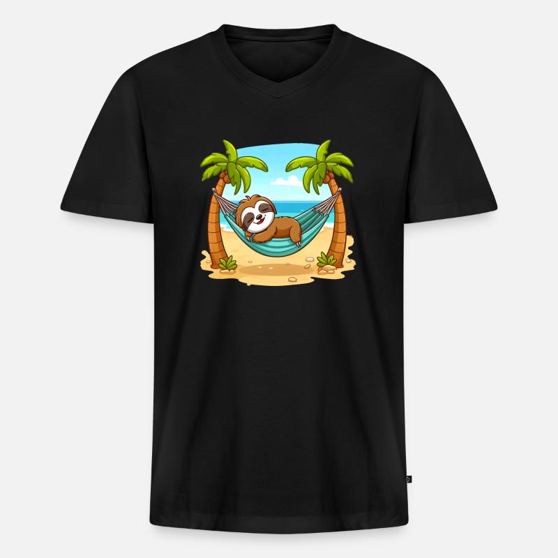 Faultier am Strand - Männer Premium Bio T-Shirt mit V-Ausschnitt - Schwarz