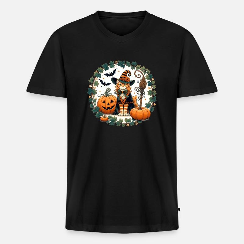 Halloween Ingwer Katze - Männer Premium Bio T-Shirt mit V-Ausschnitt - Schwarz