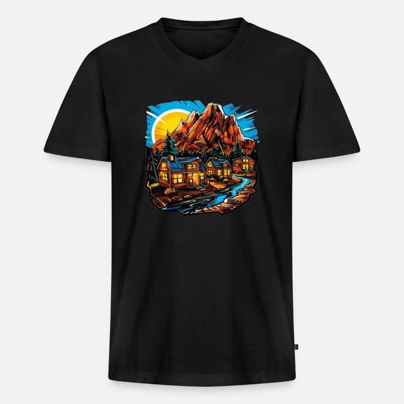 Landschaft - Illustration - Männer Premium Bio T-Shirt mit V-Ausschnitt - Schwarz