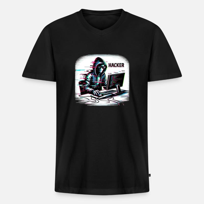 Hacker - Illustration - Männer Premium Bio T-Shirt mit V-Ausschnitt - Schwarz
