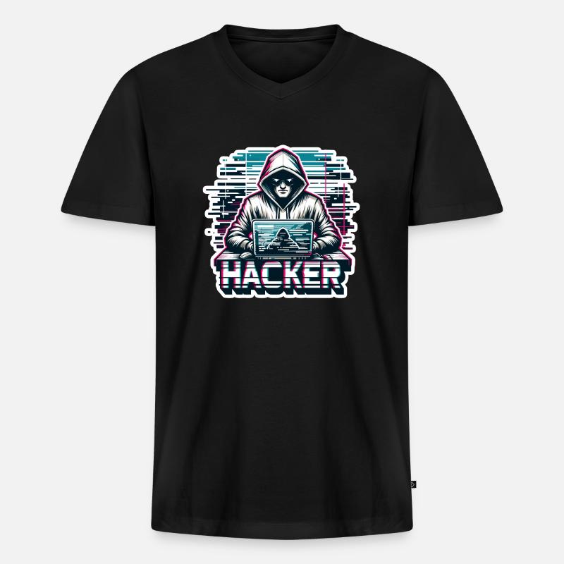 Hacker - Illustration - Männer Premium Bio T-Shirt mit V-Ausschnitt - Schwarz