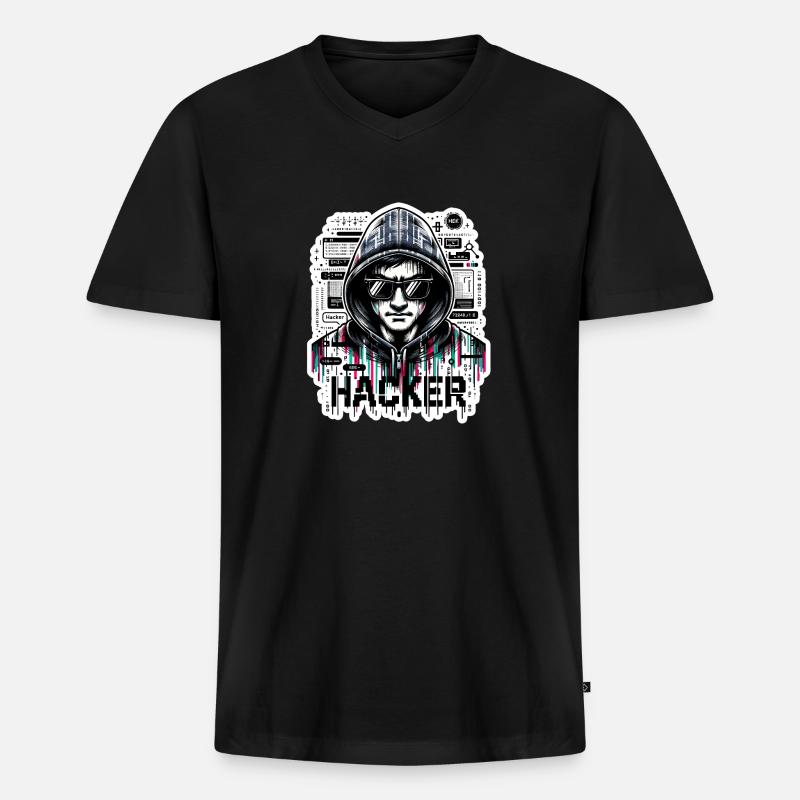 Hacker - Illustration - Männer Premium Bio T-Shirt mit V-Ausschnitt - Schwarz