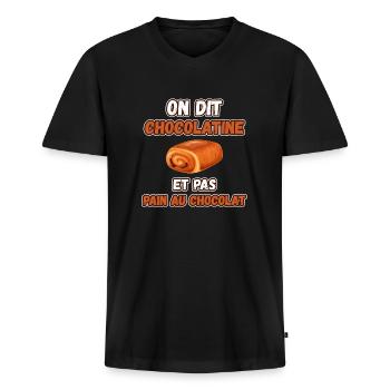 On dit chocolatine et pas pain au chocolat - T-shirt encolure en V Premium bio Homme - noir - Devant - Nico (187cm)