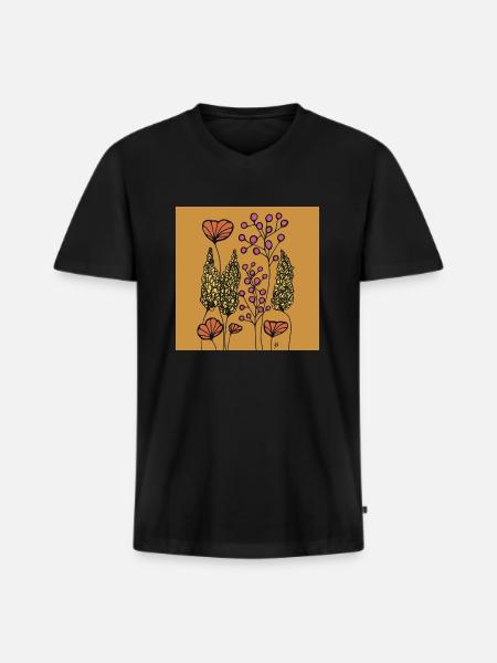 Tegning Fine Line Blomster Orange gul Farverig - Premium økologisk T-shirt med V-hals til mænd - sort