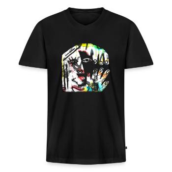 Illusion d’optique art psychédélique rétro formes sexe - T-shirt encolure en V Premium bio Homme - noir - Devant - Nico (187cm)