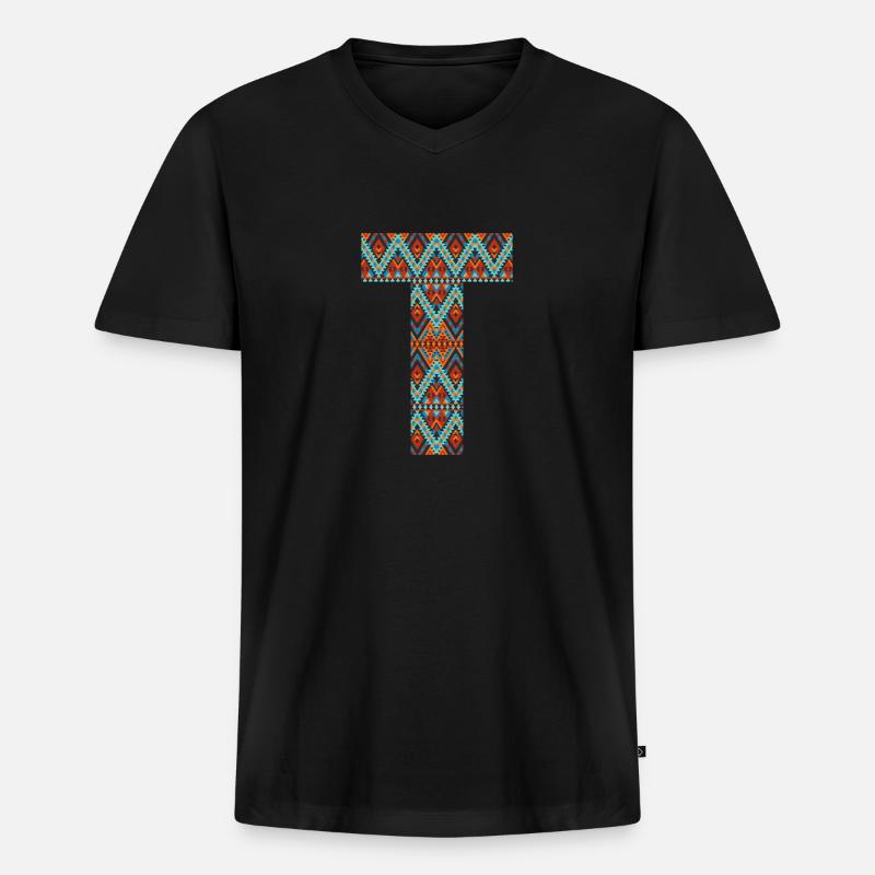 Buchstabe T-Boho-Design, buntes Monogramm - Männer Premium Bio T-Shirt mit V-Ausschnitt - Schwarz