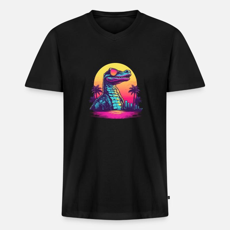 Synthwave crocodile sunset - Männer Premium Bio T-Shirt mit V-Ausschnitt - Schwarz