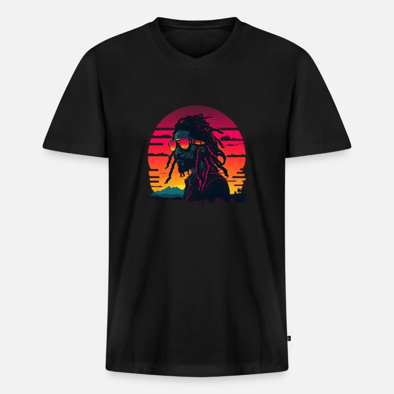 Synthwave Jamaican Rasta Man - Männer Premium Bio T-Shirt mit V-Ausschnitt - Schwarz