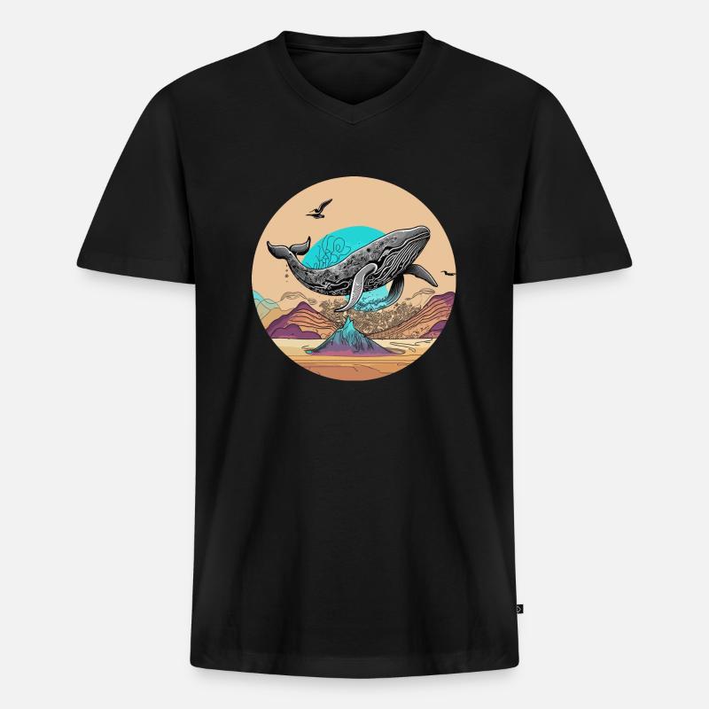 Psychedelische Wüste mit fliegendem Wal - Männer Premium Bio T-Shirt mit V-Ausschnitt - Schwarz