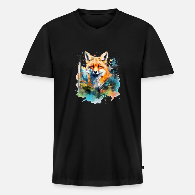 Rotfuchs, Aquarellfuchs - Männer Premium Bio T-Shirt mit V-Ausschnitt - Schwarz