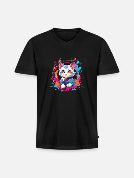 Bunte Katze - Männer Premium Bio T-Shirt mit V-Ausschnitt - Schwarz