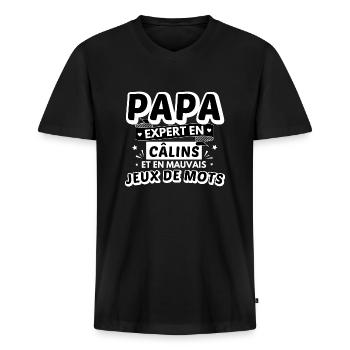 Papa expert en câlins et en mauvais jeux de mots - T-shirt encolure en V Premium bio Homme - noir - Devant - Nico (187cm)