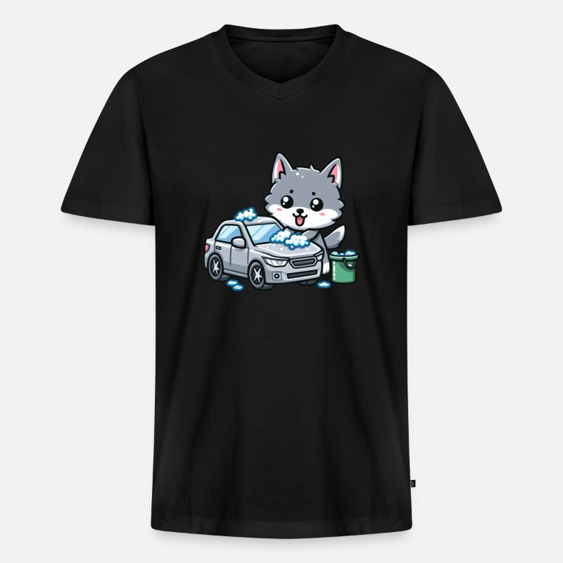 Süßer Wolf wäscht Auto - Männer Premium Bio T-Shirt mit V-Ausschnitt - Schwarz