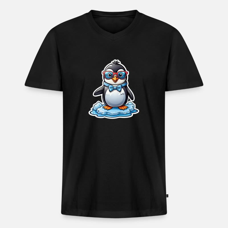 Pinguin mit Brille - Männer Premium Bio T-Shirt mit V-Ausschnitt - Schwarz