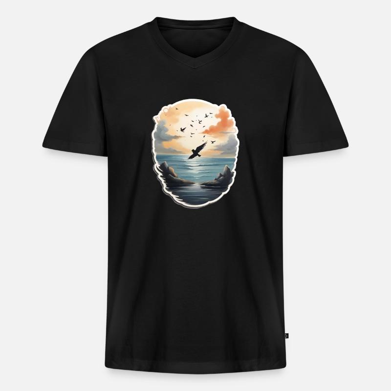 Landschaft Gemälde mit Vogel - Männer Premium Bio T-Shirt mit V-Ausschnitt - Schwarz
