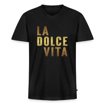 La dolce vita - Männer Premium Bio T-Shirt mit V-Ausschnitt - Schwarz - Vorne - Nico (187cm)