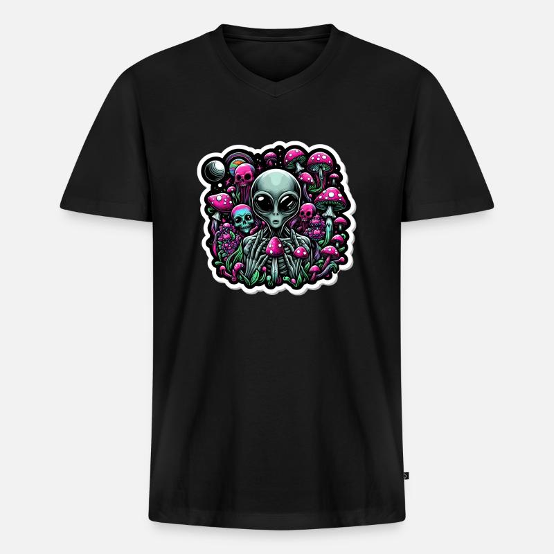 Psychedelischer Alien mit Pilzen - Männer Premium Bio T-Shirt mit V-Ausschnitt - Schwarz