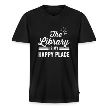 Die Bibliothek ist mein glücklicher Ort Der Bibliotheksliebhaber - Männer Premium Bio T-Shirt mit V-Ausschnitt - Schwarz - Vorne - Nico (187cm)