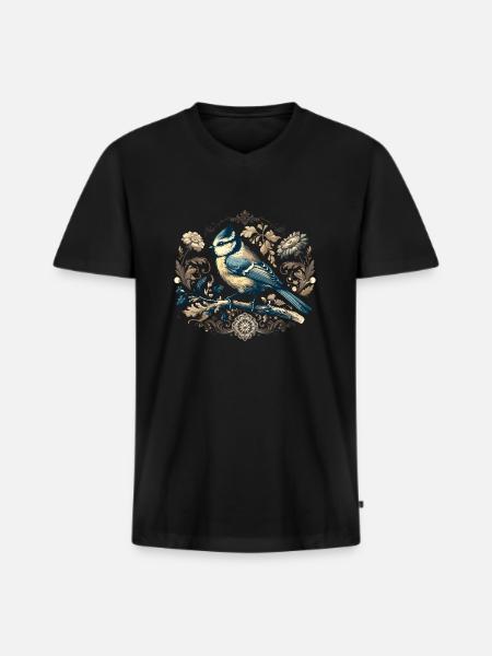 Blaumeise Retroblumen - Männer Premium Bio T-Shirt mit V-Ausschnitt - Schwarz