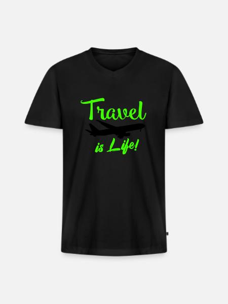 travel is life - Men's Premium Organic T-shirt with V-neck - black