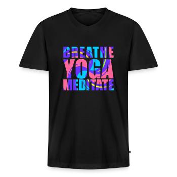 Respirer - Yoga - Méditer - T-shirt encolure en V Premium bio Homme - noir - Devant - Nico (187cm)