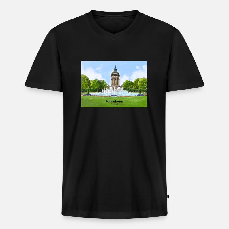 Wasserturm Mannheim Aquarell - Männer Premium Bio T-Shirt mit V-Ausschnitt - Schwarz