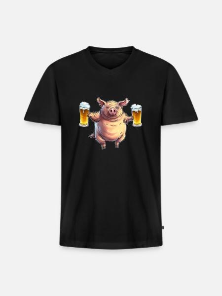 Sjov fed gris med øl - Premium økologisk T-shirt med V-hals til mænd - sort
