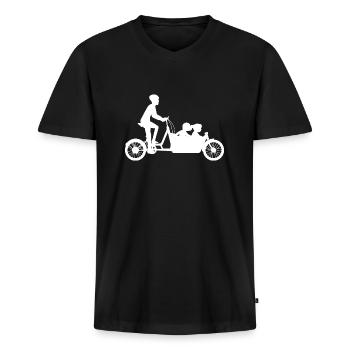 Papa mit Kindern auf dem Lastenrad zum Vatertag - Männer Premium Bio T-Shirt mit V-Ausschnitt - Schwarz - Vorne - Nico (187cm)