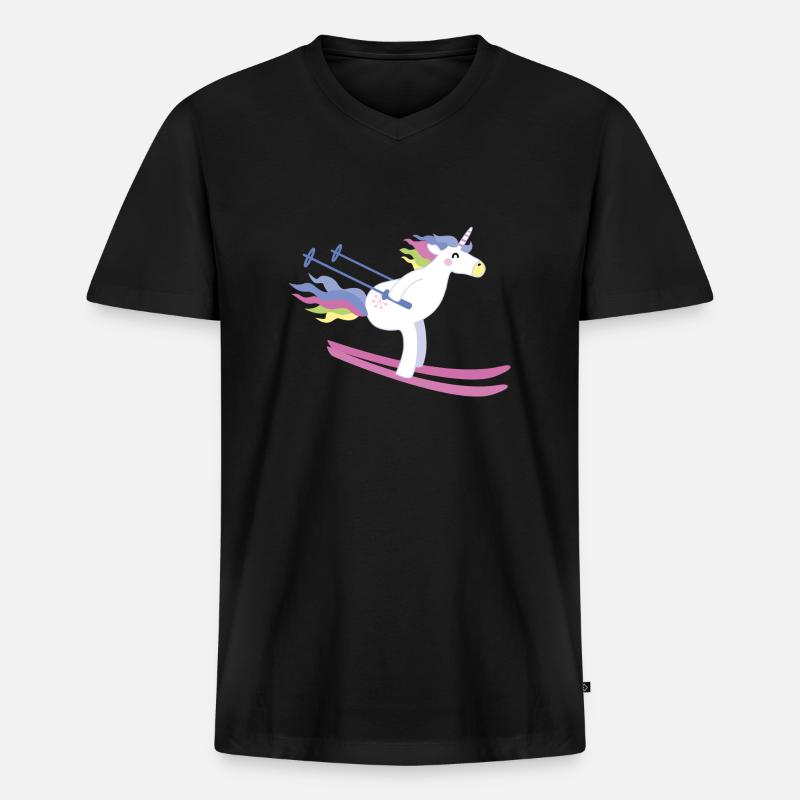 Einhorn auf Ski - Männer Premium Bio T-Shirt mit V-Ausschnitt - Schwarz