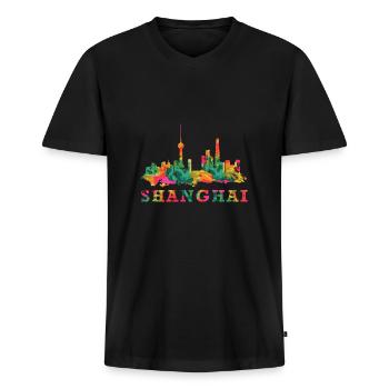 Skyline Shanghai Impression Chine Souvenir Gift - T-shirt encolure en V Premium bio Homme - noir - Devant - Nico (187cm)