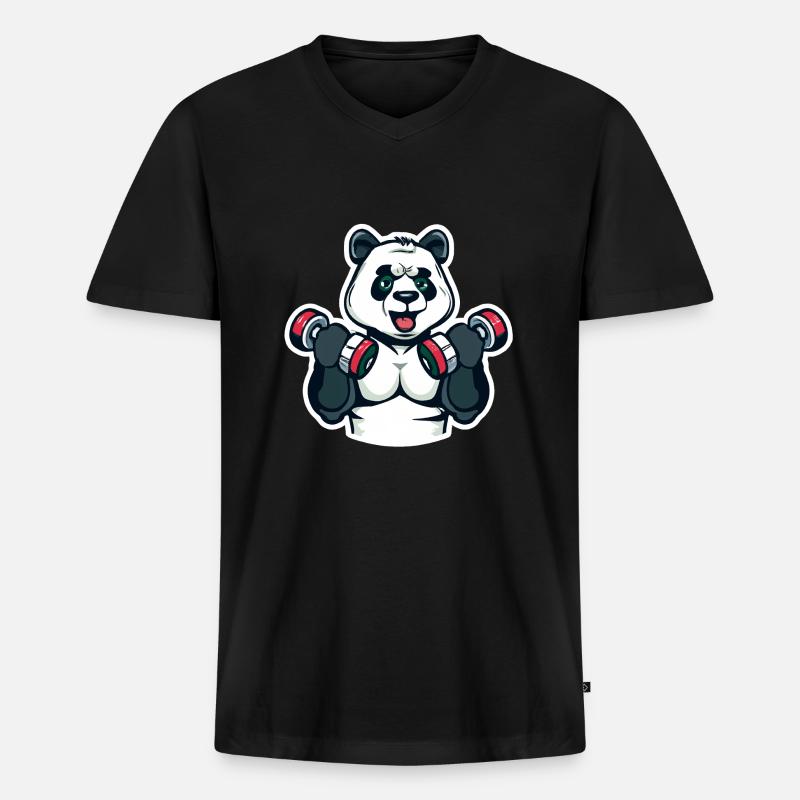 Pumpender Panda - Männer Premium Bio T-Shirt mit V-Ausschnitt - Schwarz