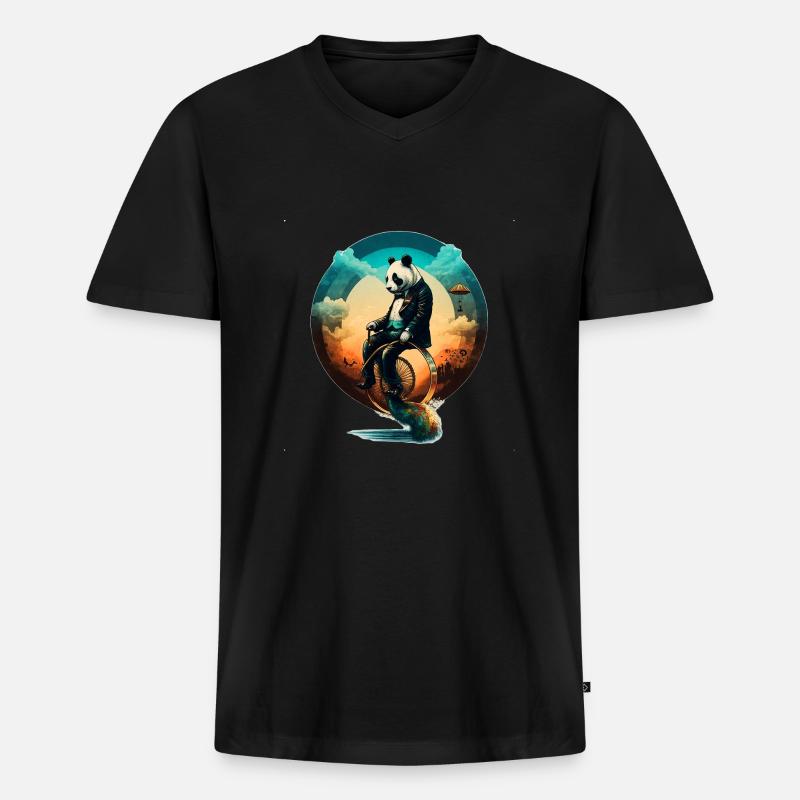 Panda auf einem Einrad - Männer Premium Bio T-Shirt mit V-Ausschnitt - Schwarz
