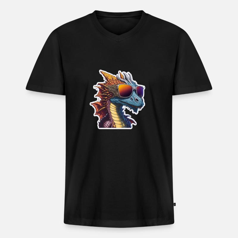 Drache Drachen mit Sonnenbrille Cool - Männer Premium Bio T-Shirt mit V-Ausschnitt - Schwarz