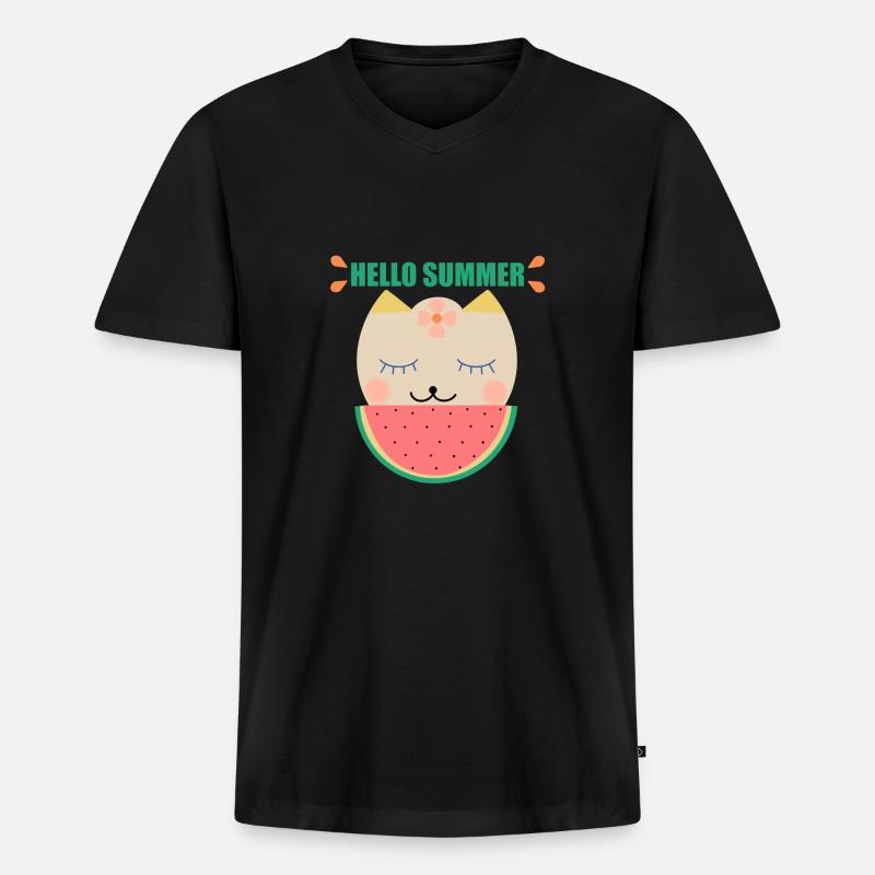 Sommer Katze und Wassermelone - Männer Premium Bio T-Shirt mit V-Ausschnitt - Schwarz