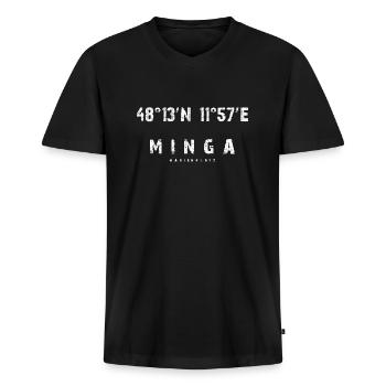 Minga Koordinaten - weiße Edition - Männer Premium Bio T-Shirt mit V-Ausschnitt - Schwarz - Vorne - Nico (187cm)