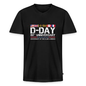 80e anniversaire du débarquement allié Normandie - T-shirt encolure en V Premium bio Homme - noir - Devant - Nico (187cm)