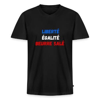 Liberté égalité beurre salé - T-shirt encolure en V Premium bio Homme - noir - Devant - Nico (187cm)